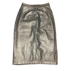 Vintage Bermans Black Leather Pencil Knee Length Skirt 4 2 XS XXS Snap Back Slit